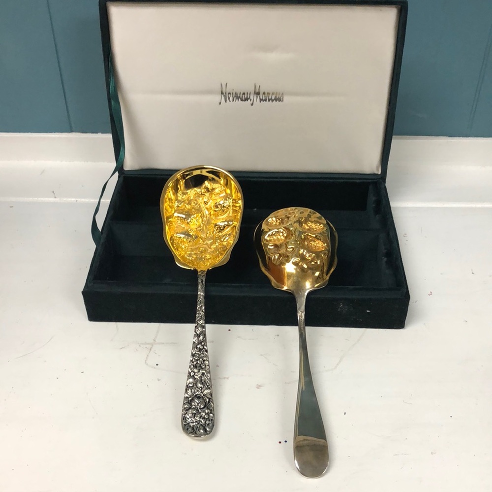 2 Godinger Neiman‎ Marcus Dessert Spoons Gold Washed and Silver Plate W/ Box
